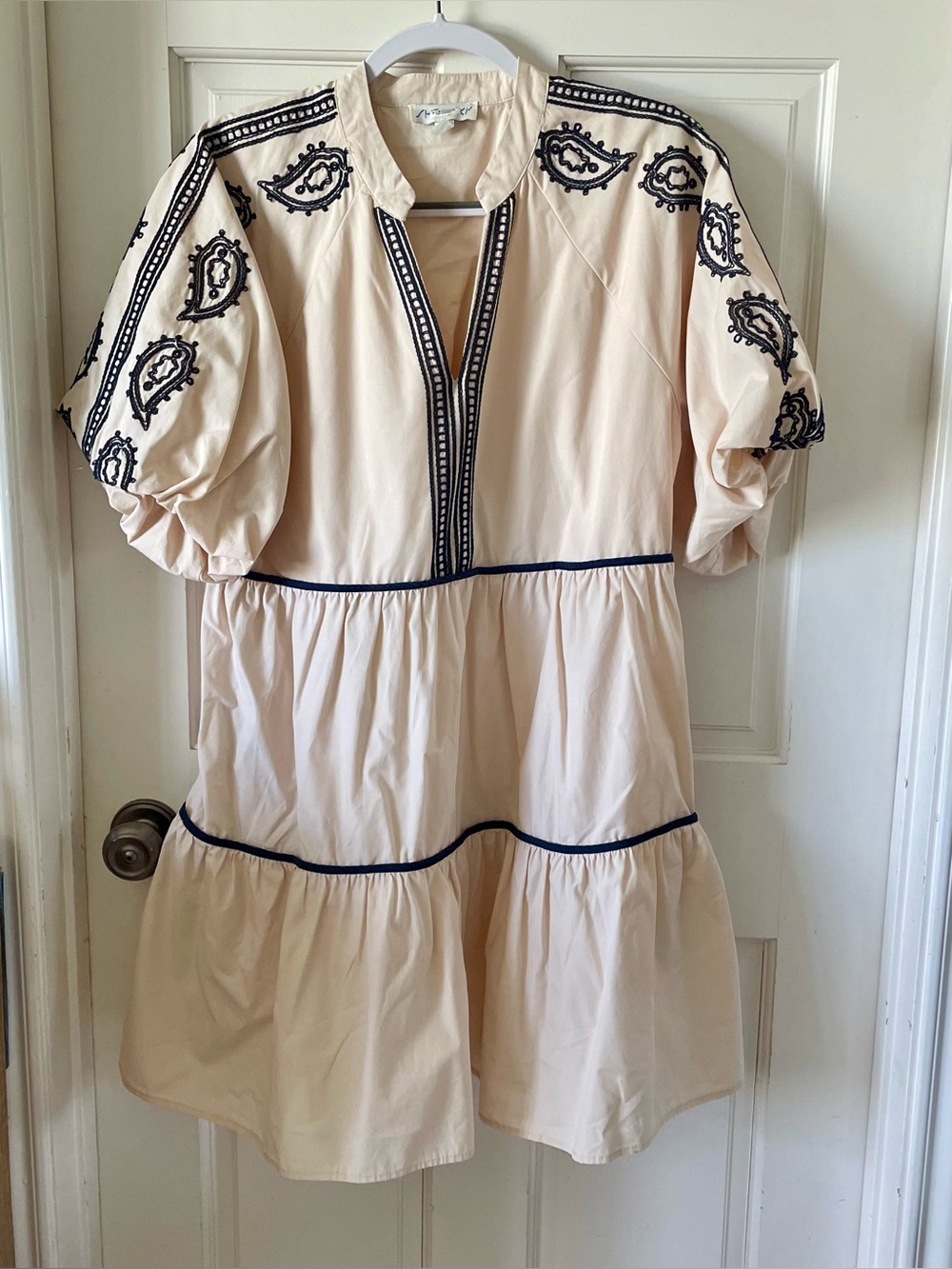 Beige Tiered Embroidered V-Neck Dress with Navy Trim - Picture 8 of 8